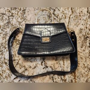 VIOLET & BROOKS Purse, Black Croc Embossed, Satchel, Shoulder Bag, Gold Tone EUC